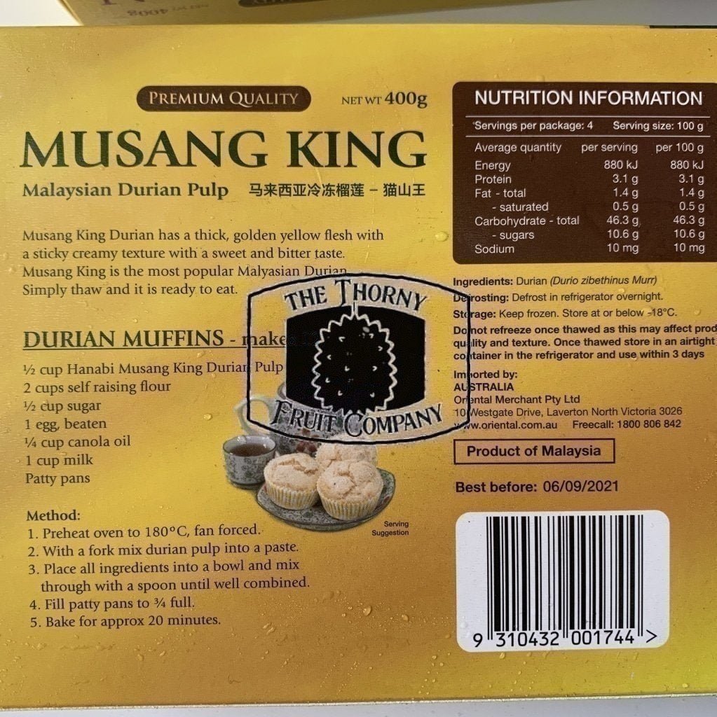 Musang King D197 Frozen Durian pulp 400g box – The Thorny Fruit Co